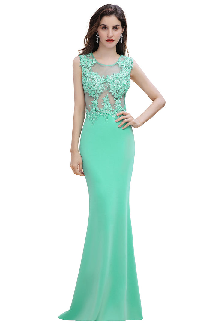 Turquoise Crew neck Cap sleeve Lace appliques Curves/Mermaid Floor Length Dress-koscy