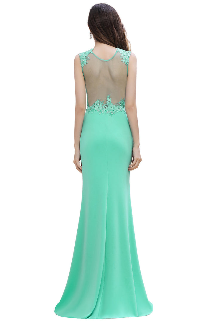 Turquoise Crew neck Cap sleeve Lace appliques Curves/Mermaid Floor Length Dress-koscy