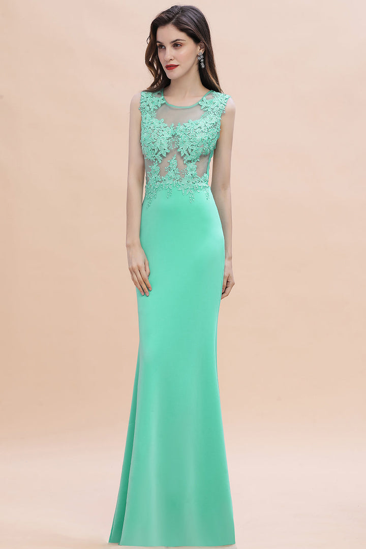 Turquoise Crew neck Cap sleeve Lace appliques Curves/Mermaid Floor Length Dress-koscy