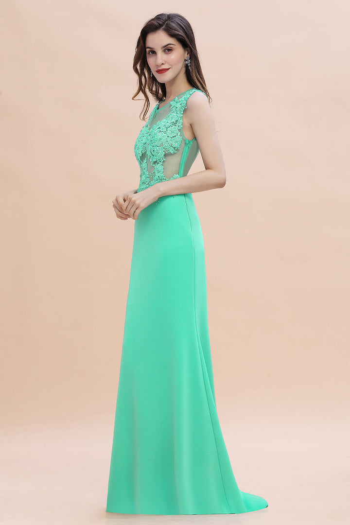 Turquoise Crew neck Cap sleeve Lace appliques Curves/Mermaid Floor Length Dress-koscy
