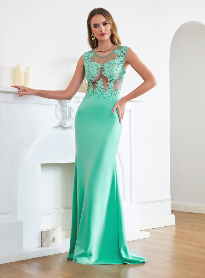 Turquoise Crew neck Cap sleeve Lace appliques Curves/Mermaid Floor Length Dress-koscy