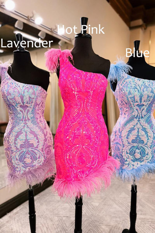 Koscy Unique Bodycon One Shoulder Hot Pink Sequins Lace Short Homecoming Dresses with Feather