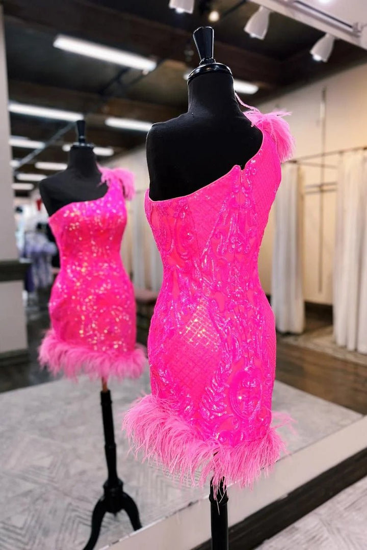 Koscy Unique Bodycon One Shoulder Hot Pink Sequins Lace Short Homecoming Dresses with Feather
