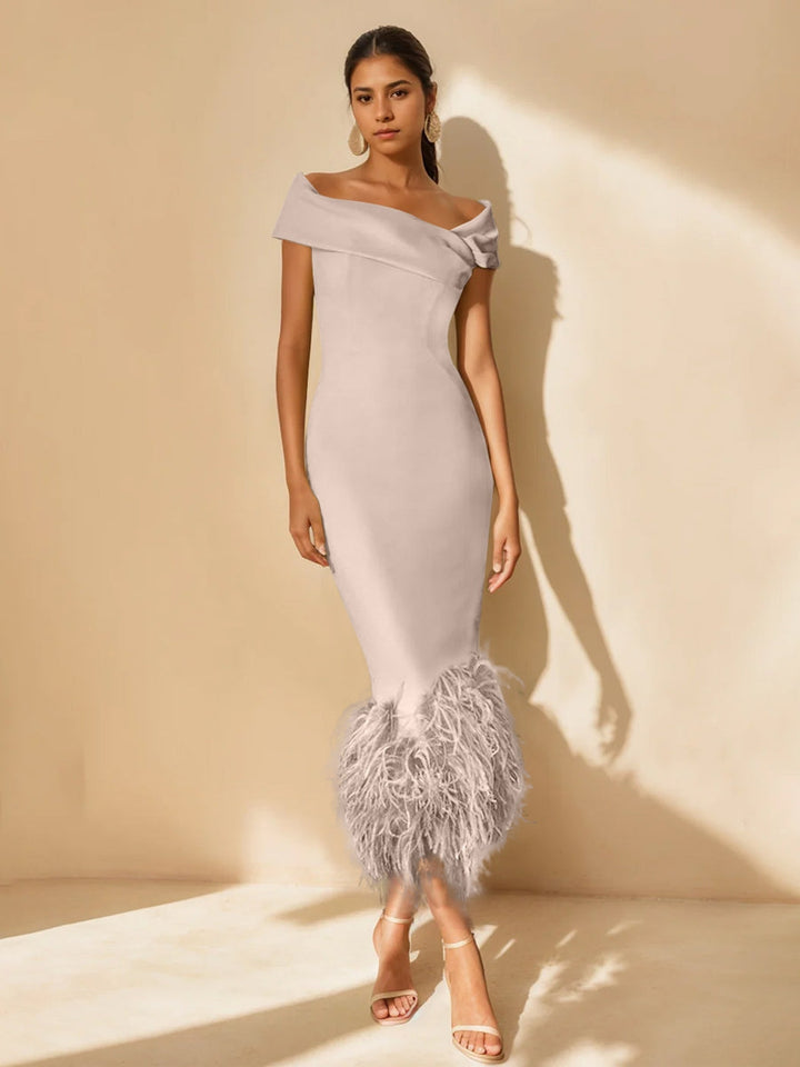 tea length off the shoulder mother of the bride dress Unique Off-the-Shoulder Tea-Length Mother of the Bride Dress with Short  Sleeves and Feathers