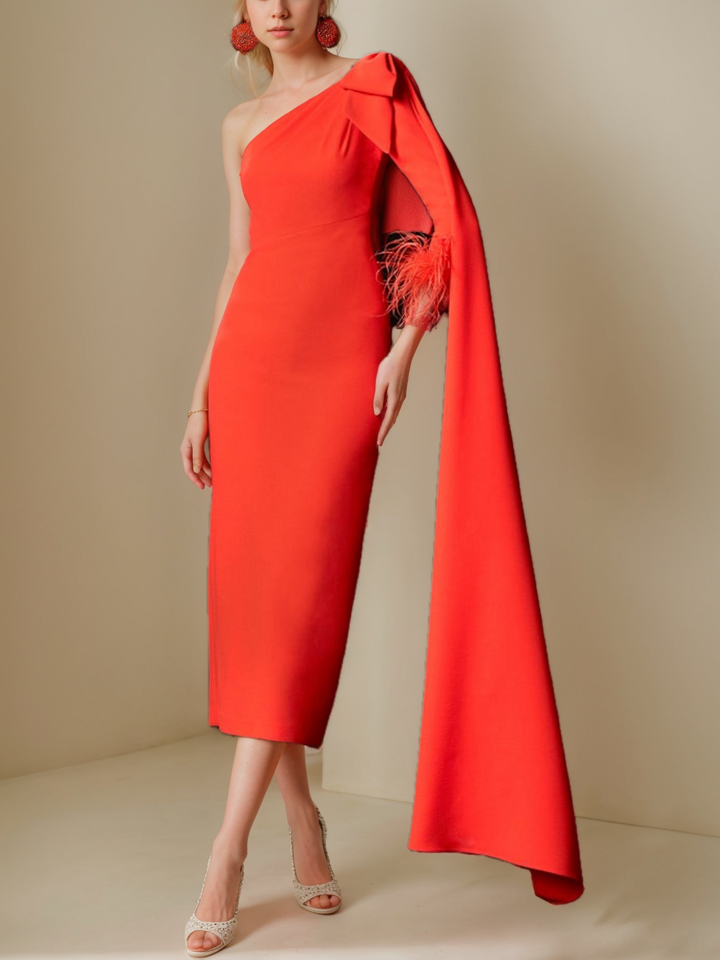 Unique One-Shoulder Tea-Length Mother of the Bride Dress with Watteau Train  & Feather