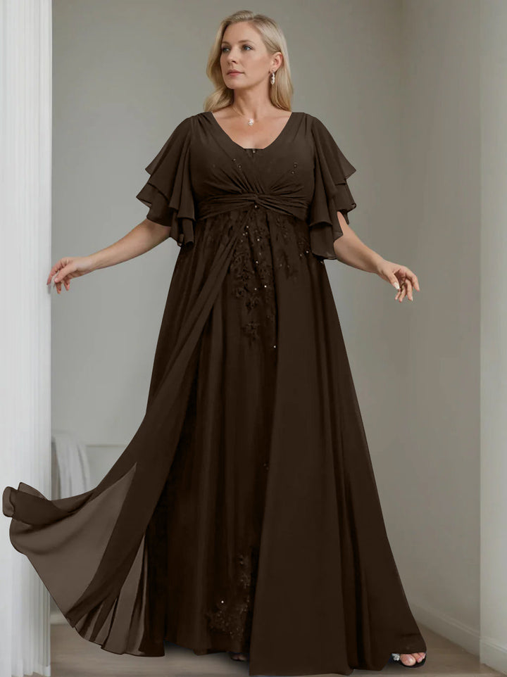 plus size brown dress with sleeves ZANKLEY Women's Plus Size Chiffon Long Sleeve Elastic Waist A-Line Knee Length Wedding Guest Dresses Pleated Long Dress, Size: Large, Brown