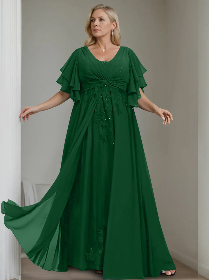 Unique Plus Size V-Neck A-Line Princess Floor-Length Mother of the Bride  Dress with