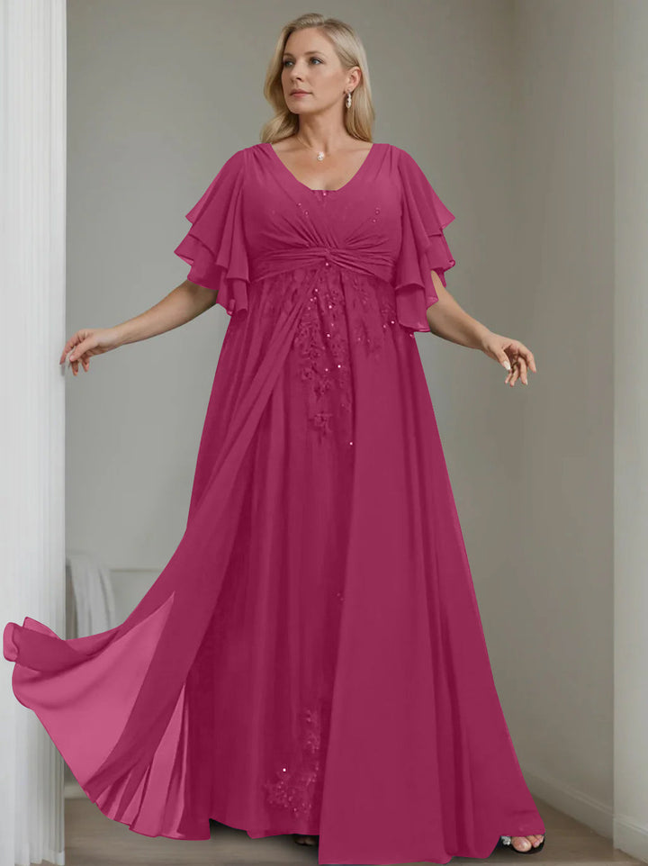 plus size pink princess dress Unique Plus Size V-Neck A-Line Princess Floor-Length Mother of the Bride  Dress with Sequins and Half Sleeve Ruffles