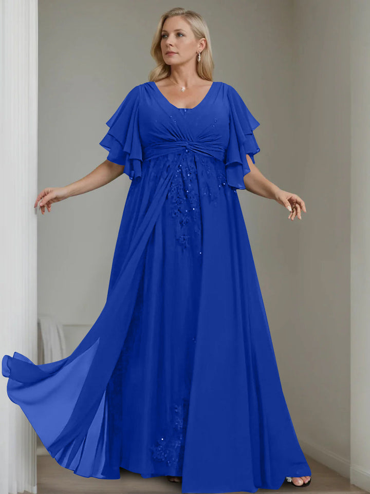 Unique Plus Size V-Neck A-Line Princess Floor-Length Mother of the Bride Dress with