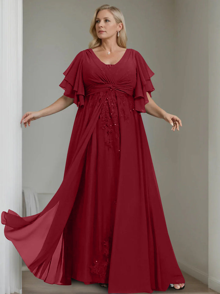 Unique Plus Size V-Neck A-Line Princess Floor-Length Mother of the Bride Dress with Sequins and Half Sleeve Ruffles Unique Plus Size V-Neck A-Line Princess Floor-Length Mother of the Bride Dress with Sequins and Half Sleeve Ruffles