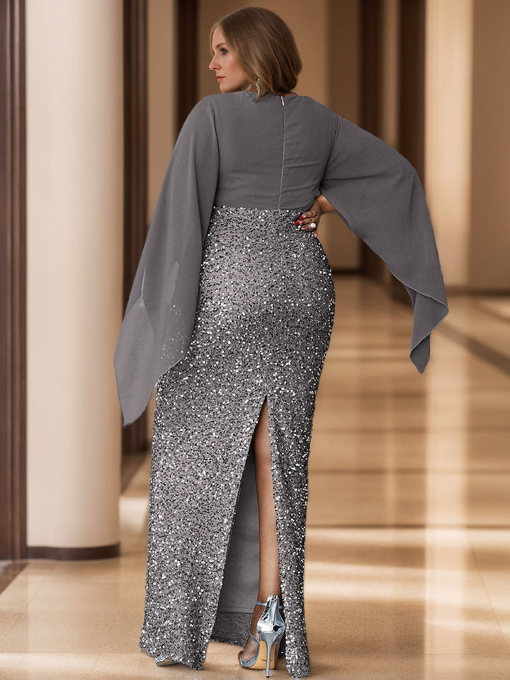 Unique Plus Size V-Neck Floor-Length Mother of The Bride Dress with Flare Sleeves and Sequined Sheath/Column Design