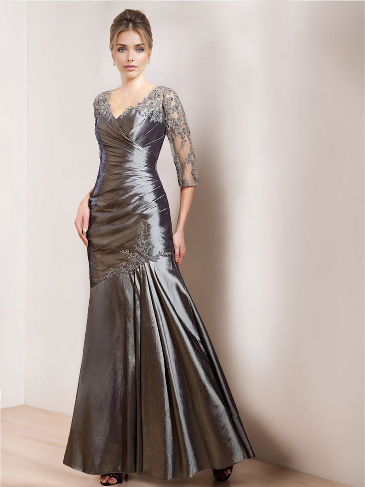 mermaid mother of the bride dresses Trumpet/Mermaid V-Neck 3/4 Length Sleeves Floor-Length Unique Mother Of The Bride Dresses With Appliques & Ruching