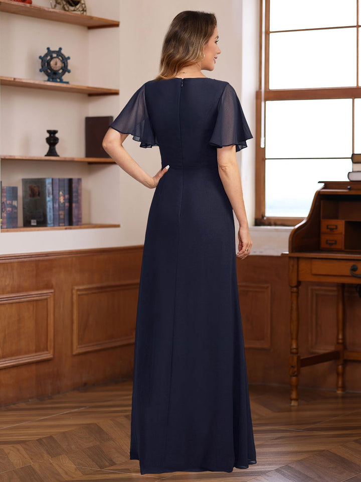 V-Neck A-Line Chiffon Dress with Short Sleeves Ruffles & Appliques for the Mother of V-Neck A-Line Chiffon Dress with Short Sleeves Ruffles & Appliques for the Mother of