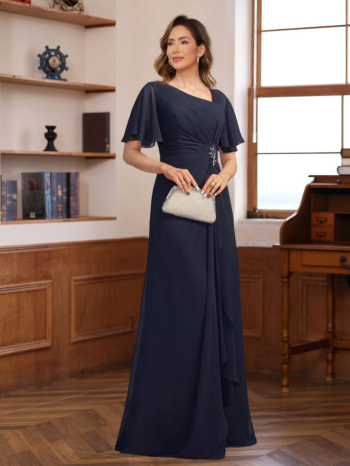 chinese dress ladies V-Neck A-Line Chiffon Dress with Short Sleeves Ruffles & Appliques for The Mother of The Bride or Groom