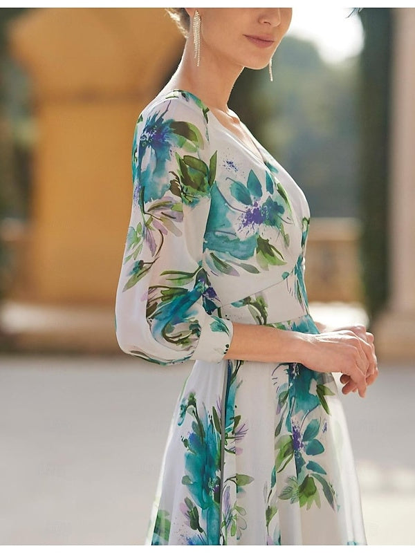 V-Neck A-Line Floral Asymmetrical Mother of the Bride Dress with 3/4 Sleeves V-Neck A-Line Floral Asymmetrical Mother of the Bride Dress with 3/4 Sleeves