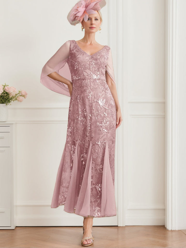 V-Neck A-Line Princess Ankle-Length Mother of The Bride Dress in Solid Color with Lace Half Sleeves