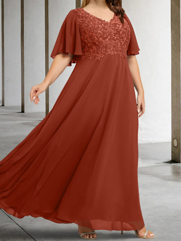 V-Neck A-Line Princess Floor-Length Mother of the Bride Dress with Applique and Half Sleeves V-Neck A-Line Princess Floor-Length Mother of the Bride Dress with Applique and Half Sleeves