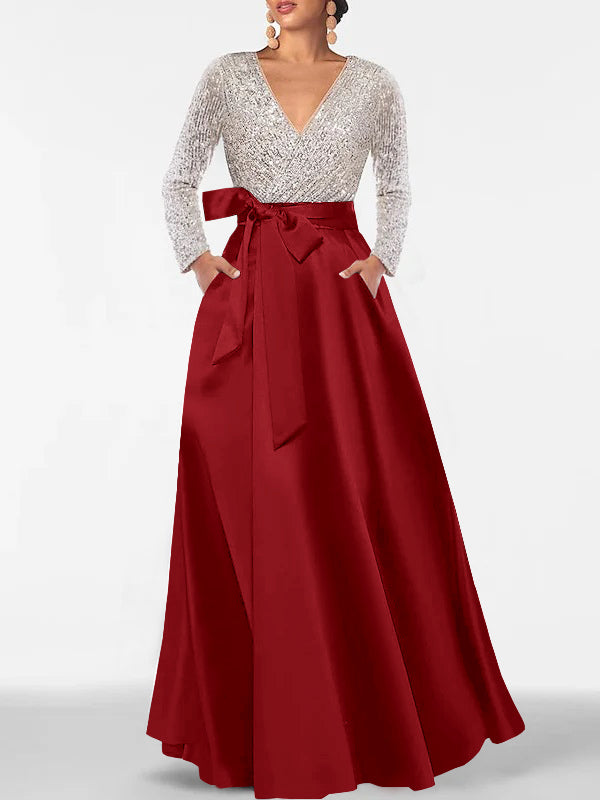 long sleeve princess cut dress V-Neck A-Line Princess Floor-Length Mother of the Bride Dress with Long  Sleeves Pocket