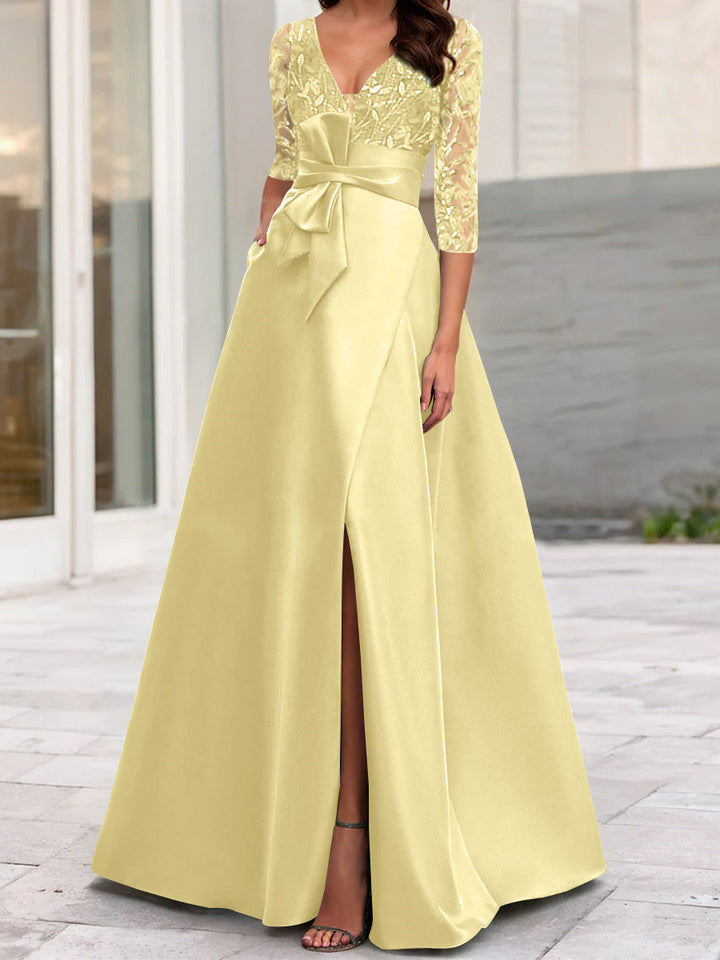 V-Neck A-Line Princess Floor-Length Mother of The Bride Gown with Side Split Ruffles and Sequined Bow(s)