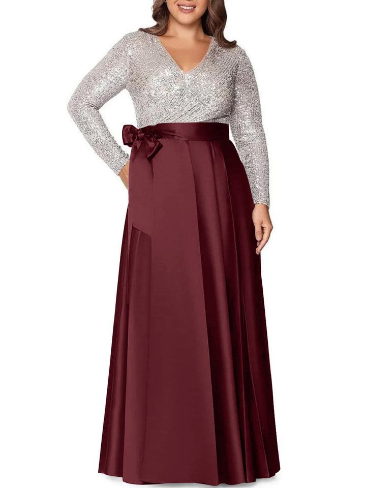 V-Neck A-Line Princess Floor-Length Plus Size Mother of the Bride Dress  With Long