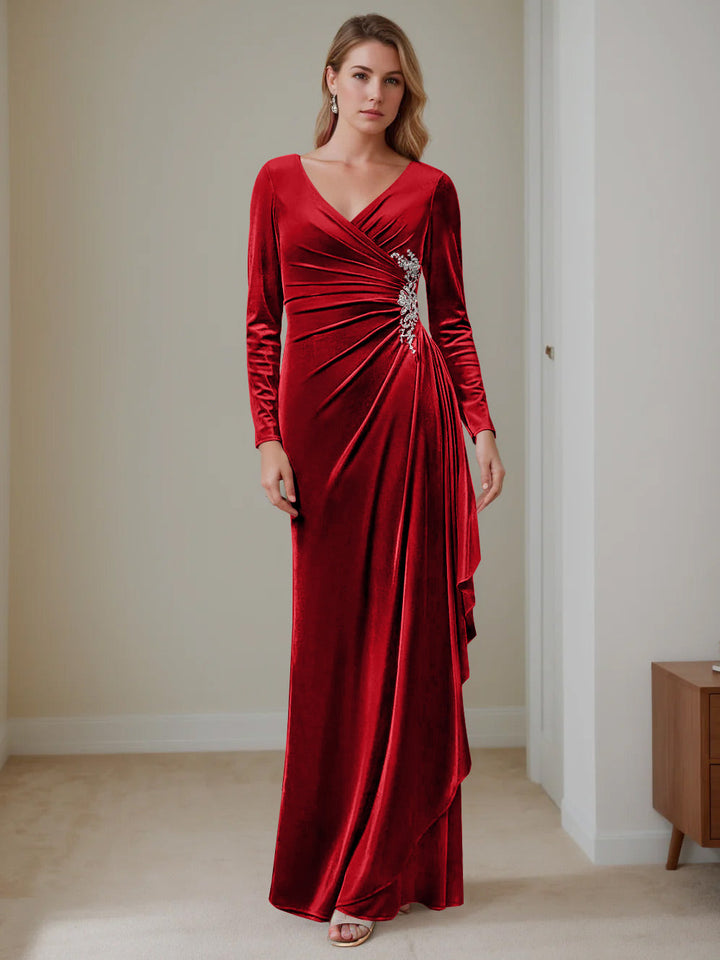 V-Neck A-Line Princess Floor-Length Velvet Mother of the Bride Dress with  Ruffled Long Sleeves