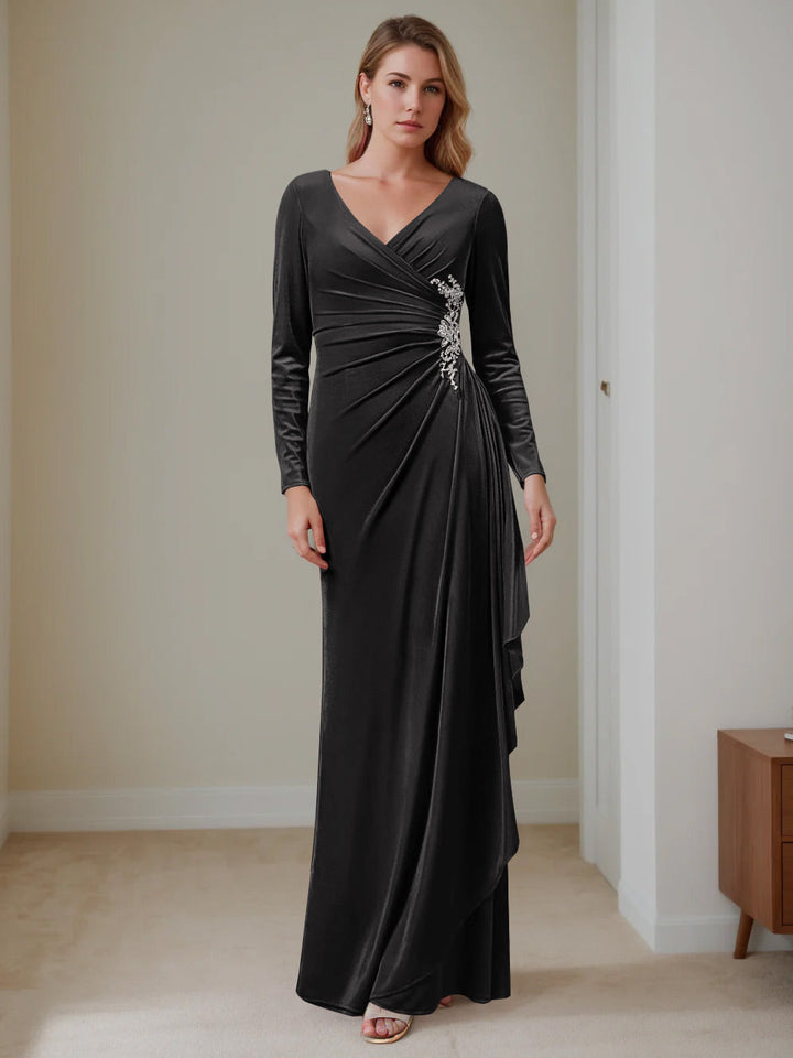 V-Neck A-Line Princess Floor-Length Velvet Mother of the Bride Dress with Ruffled Long