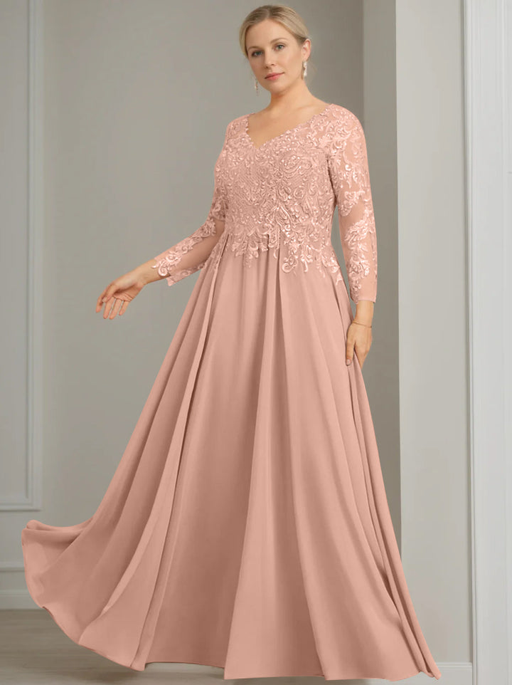 V-Neck A-Line Princess Gown with 3/4 Sleeves and Sequins for Plus-Size  Mother