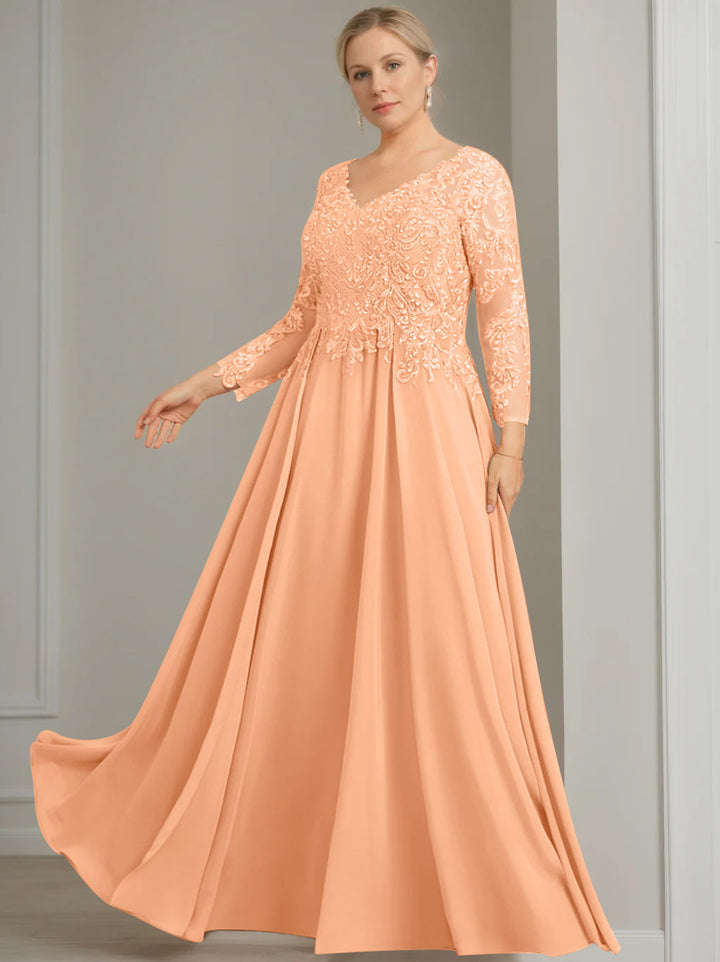 V-Neck A-Line Princess Gown with 3/4 Sleeves and Sequins for Plus-Size  Mother