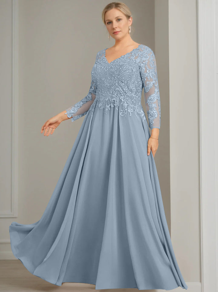 V-Neck A-Line Princess Gown with 3/4 Sleeves and Sequins for Plus-Size  Mother