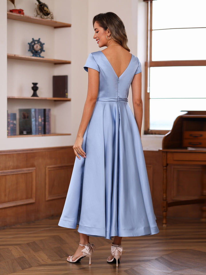 V-Neck A-Line Princess Short Sleeve Ankle-Length Mother of the Bride Dress With Pockets and Ruffles V-Neck A-Line Princess Short Sleeve Ankle-Length Mother of the Bride Dress With Pockets and Ruffles