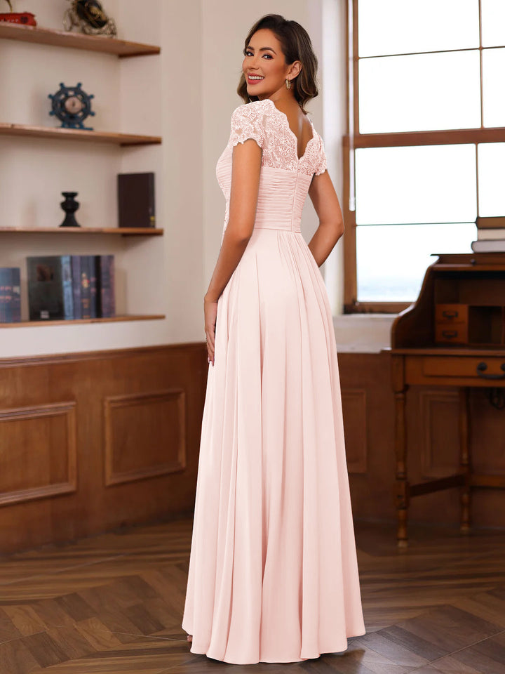 V-Neck A-Line Princess Short Sleeve Dress with Pleats Ruffles & Appliques for Mother of
