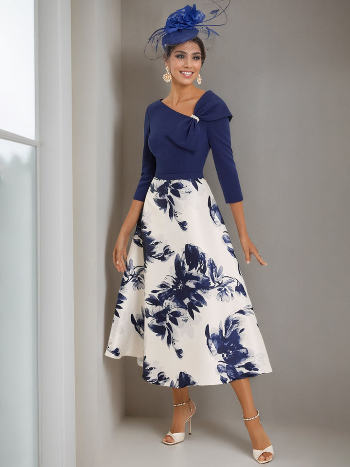 V-Neck A-Line Princess Tea-Length Mother of the Bride Dress with 3/4 Sleeves