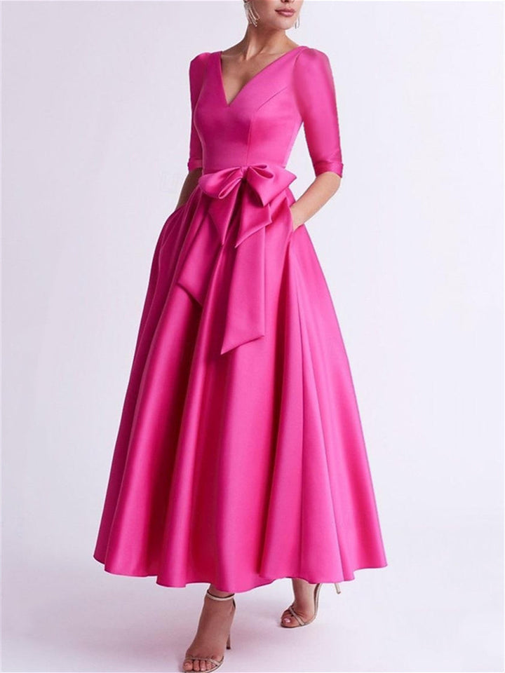V-Neck A-Line Princess Tea-Length Satin Mother of the Bride Dress with Bow(s) V-Neck A-Line Princess Tea-Length Satin Mother of the Bride Dress with Bow(s)