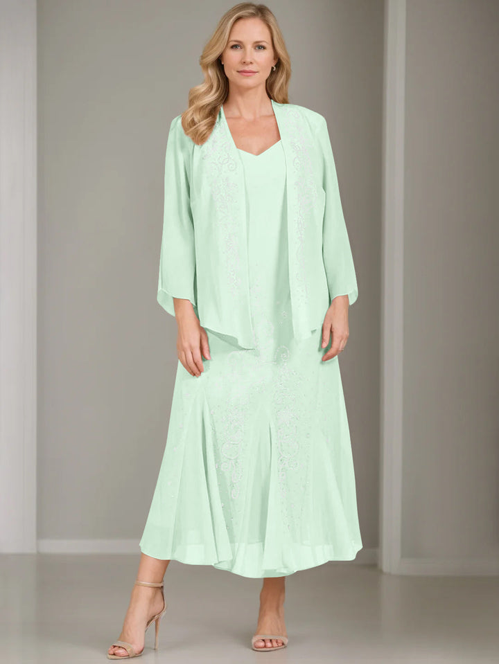 V-Neck A-Line Princess Two-Piece Plus Size Mother of the Bride Dress with Jacket V-Neck A-Line Princess Two-Piece Plus Size Mother of the Bride Dress with Jacket
