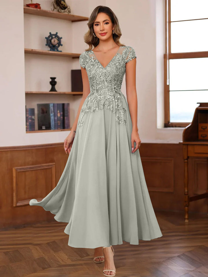 V-Neck A-Line Short Sleeve Ankle-Length Mother of the Bride Dress with Lace Appliques V-Neck A-Line Short Sleeve Ankle-Length Mother of the Bride Dress with Lace Appliques