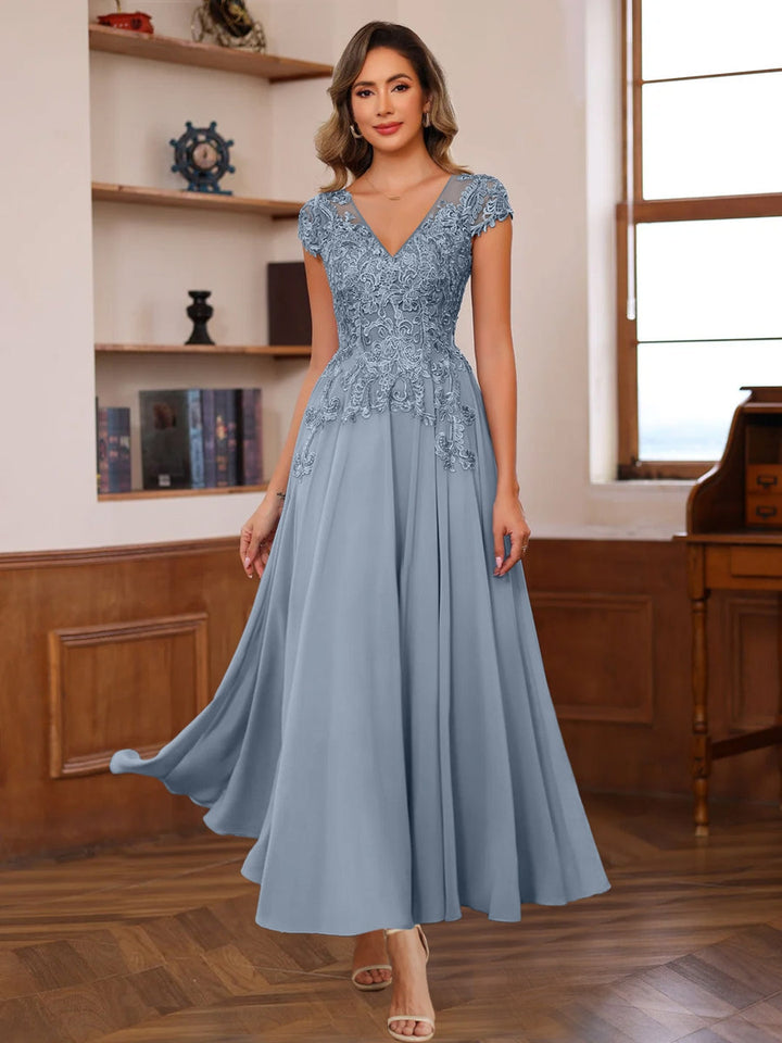 V-Neck A-Line Short Sleeve Ankle-Length Mother of the Bride Dress with Lace Appliques V-Neck A-Line Short Sleeve Ankle-Length Mother of the Bride Dress with Lace Appliques