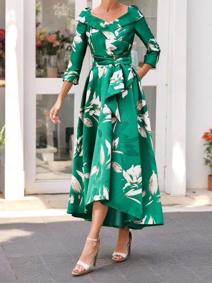 V-Neck A-Line Tea-Length Mother of the Bride Dress with 3/4 Sleeves and V-Neck A-Line Tea-Length Mother of the Bride Dress with 3/4 Sleeves and