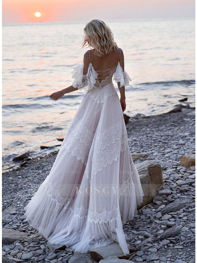 V Neck A-Line Wedding Dress with Sweep Train and Illusion Backless Det