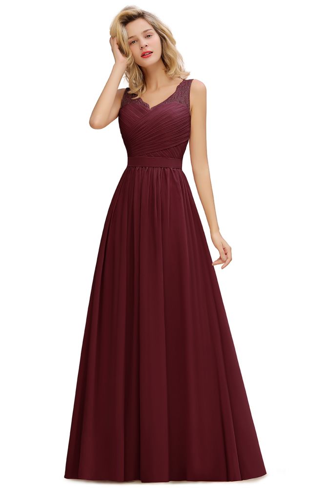Looking for Prom Dresses,Evening Dresses,Homecoming Dresses,Bridesmaid Dresses,Mother Daughter Dresses,Realdressphotos,Quinceanera dresses in Lace, A-line style, and Gorgeous Lace,Ruffles work  MISSHOW has all covered on this elegant V-Neck Aline Ruffle Chiffon Bridesmaid Dress Sleeveless Floral Evening Swing Dress.