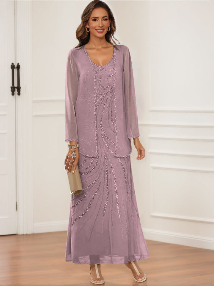 V-Neck Ankle-Length Sheath/Column Dress with Jacket & Sequins for Mothers of the Bride
