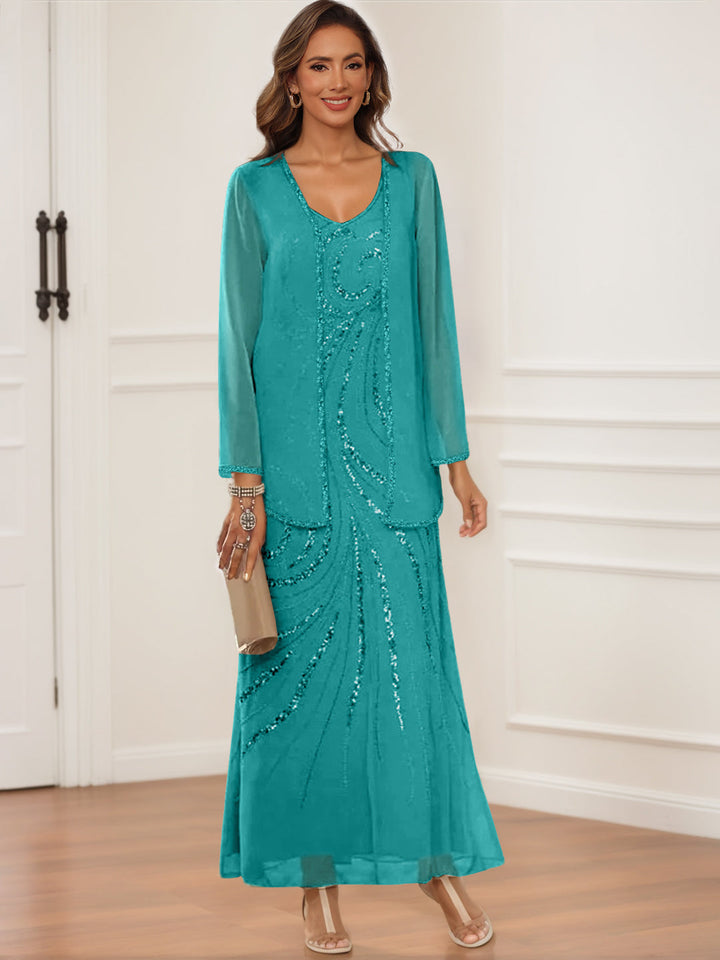 V-Neck Ankle-Length Sheath/Column Dress with Jacket & Sequins for Mothers  of the Bride