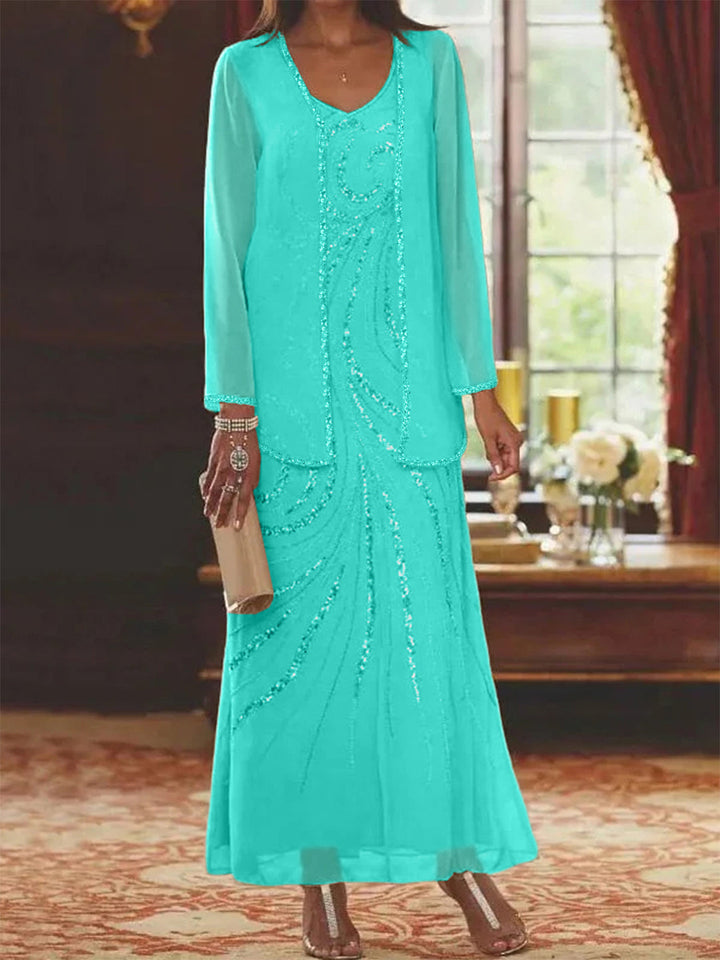 V-Neck Ankle-Length Sheath/Column Mother of the Bride Dresses with Sequins  & Jacket