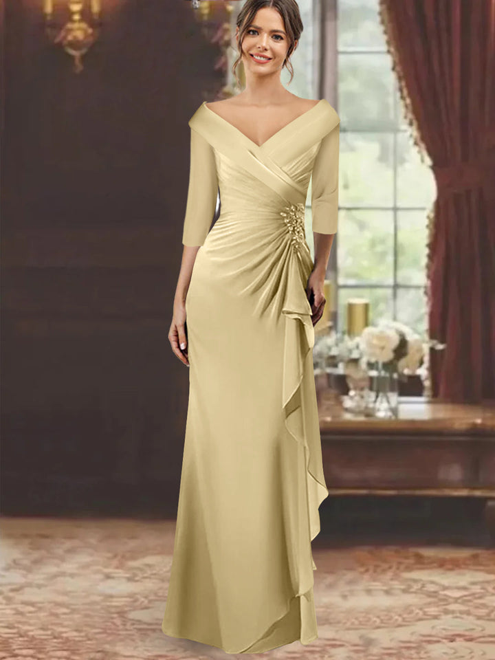 mother of the bride v neck dresses V-Neck Floor-Length Mother of the Bride Dress with Ruffles and Appliques Half Sleeves