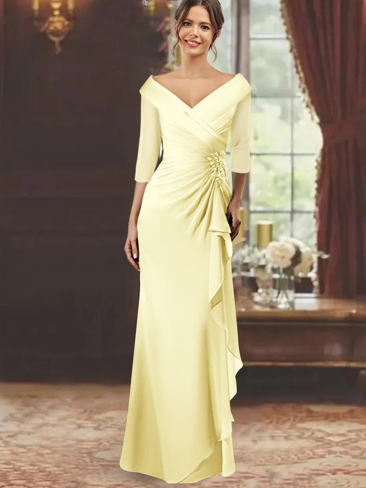floor length half sleeve v neck maxi dress A-Line Dress Floor Length Maxi Dress Party Dress Cocktail Dress Mother of the Bride Dress Half Sleeve V Neck Elegant Vintage Luxurious Formal Wedding Guest Semi Formal Lace with 3D Flowers Embroidery
