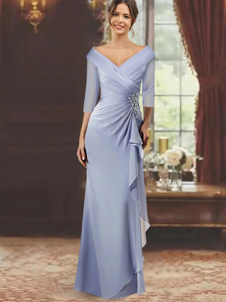 v neck mother of the bride dresses V-Neck Floor-Length Dress with Ruffles and Appliques Half Sleeves Sherri Hill Bow Shoulder neckline and asymmetrical hem 2y Color:WHITE/ PINK
