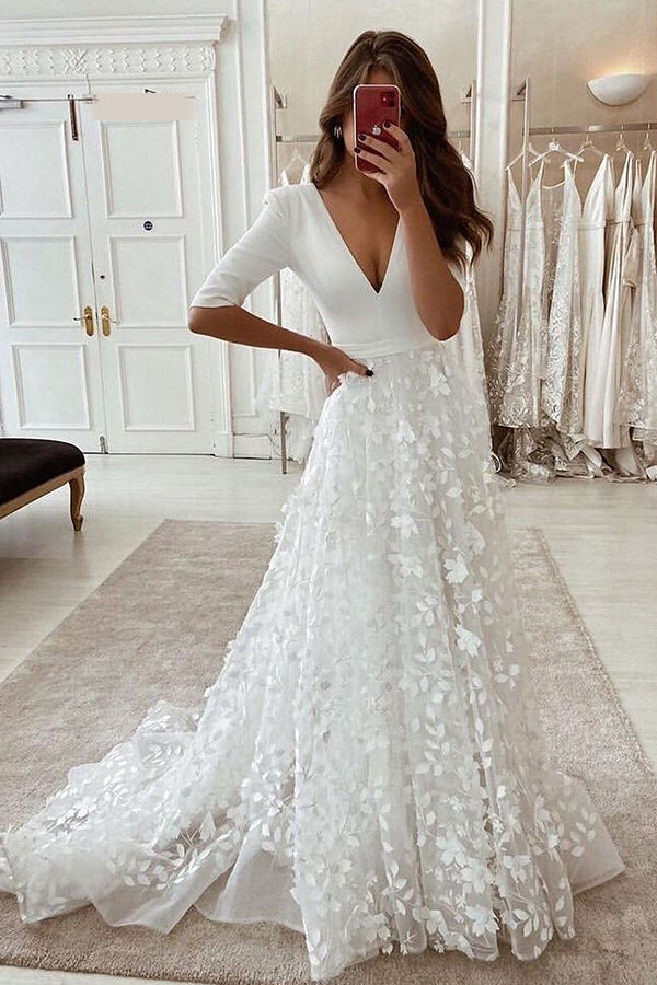 V-neck Lace A-line Side Split 3/4 Sleeve Wedding Dress