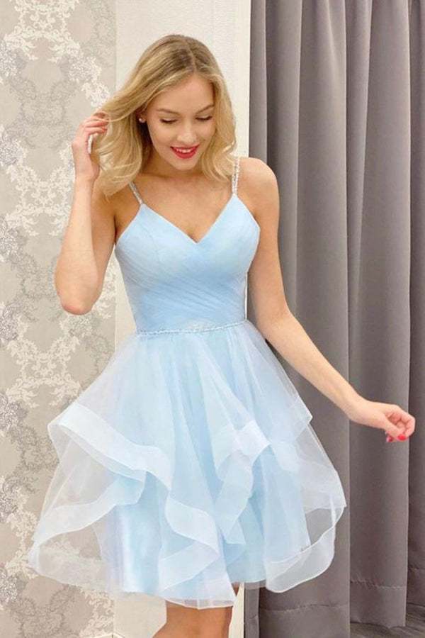 Koscy A-Line V Neck Light Blue Short Homecoming Dresses