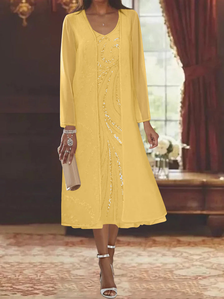 V-Neck Long-Sleeve Tea-Length Mother of the Bride Dress with Jacket and Sequins V-Neck Long-Sleeve Tea-Length Mother of the Bride Dress with Jacket and Sequins