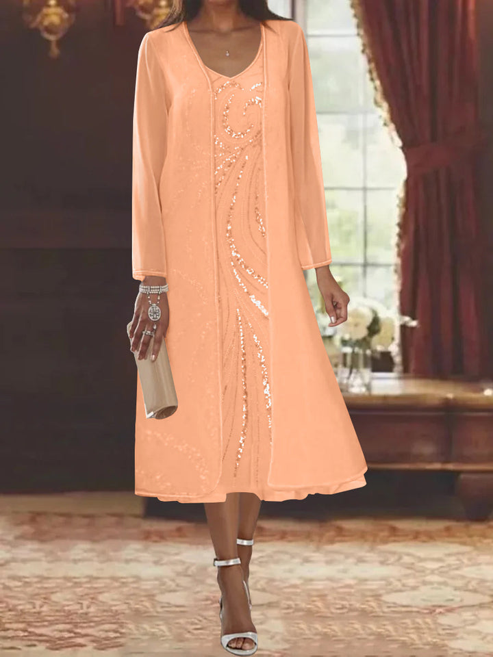 V-Neck Long-Sleeve Tea-Length Mother of the Bride Dress with Jacket and Sequins V-Neck Long-Sleeve Tea-Length Mother of the Bride Dress with Jacket and Sequins