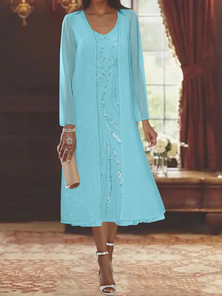 V-Neck Long-Sleeve Tea-Length Mother of the Bride Dress with Jacket and  Sequins